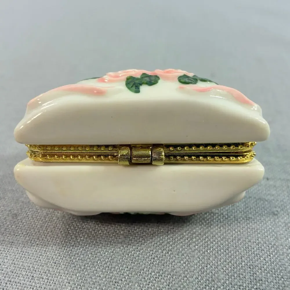 Vintage Porcelain Purse Trinket Box Pink Roses Bow Gold Tone Hinged Miniature